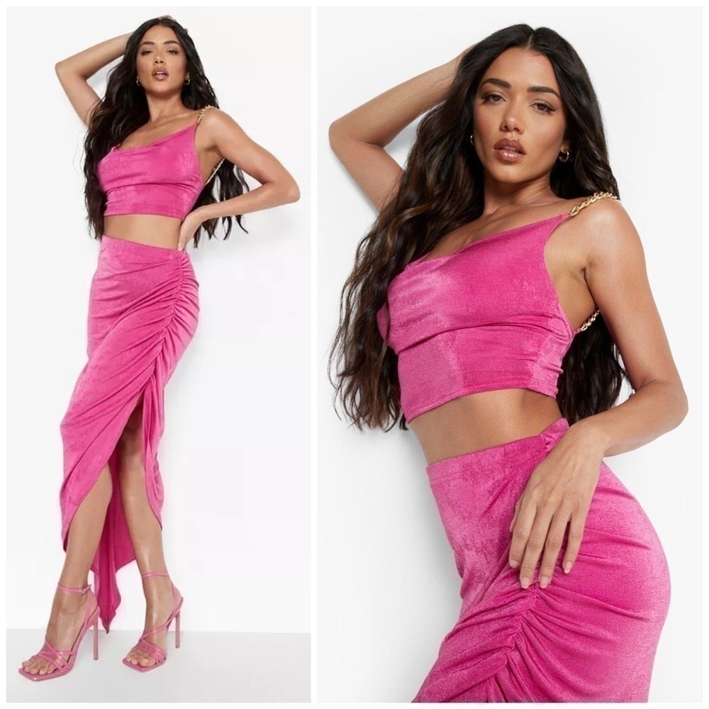 Boohoo Pink Textured Slinky Chain Strap Crop Top & Ruched Maxi Skirt Set Size 12